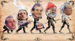 Evolution of man with ascending primates going from left to right in order of intelligence with Bill Murray's face from various movie roles taped over the primates face