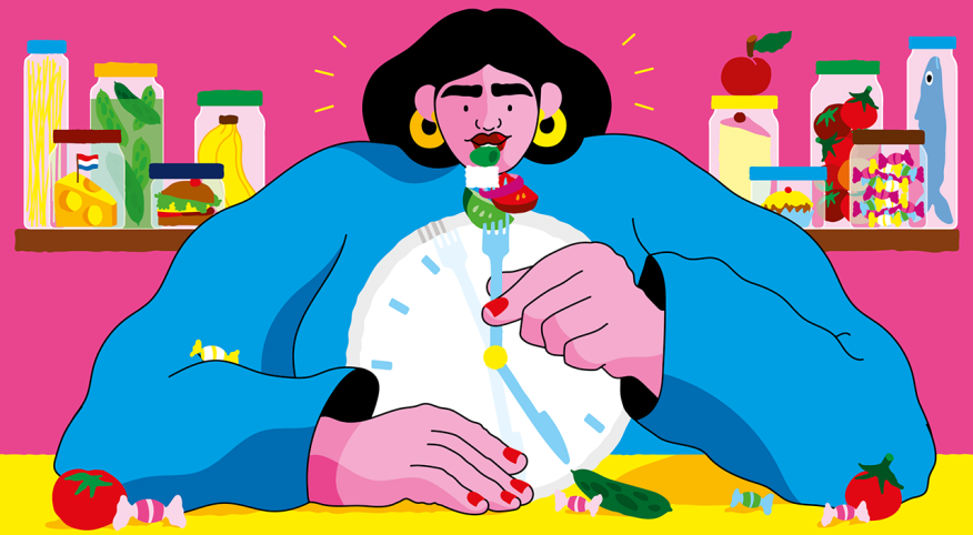 illustration of woman eating foods that help with weight loss