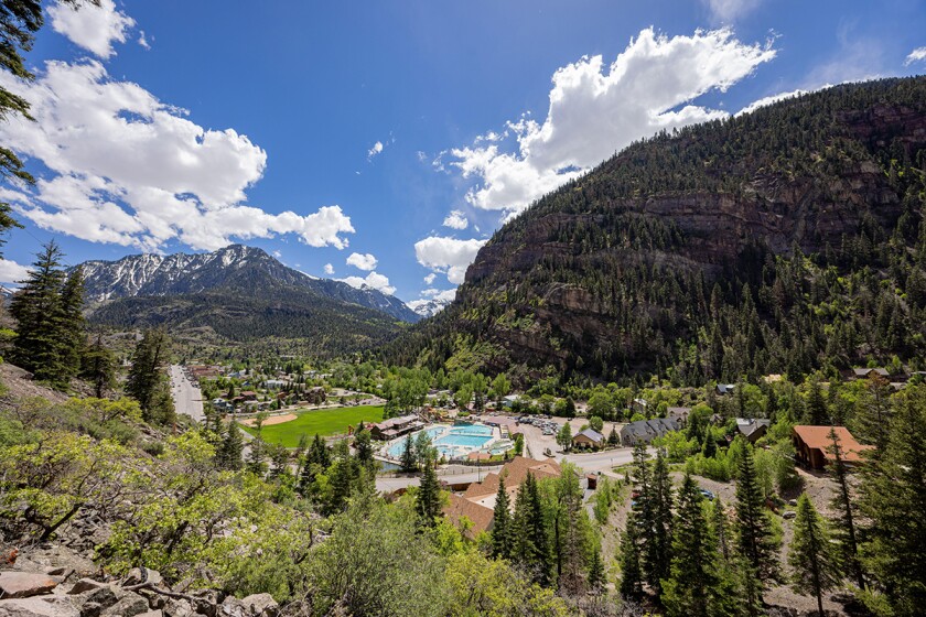 Sunny high angle view of the Ouray town at Colorado