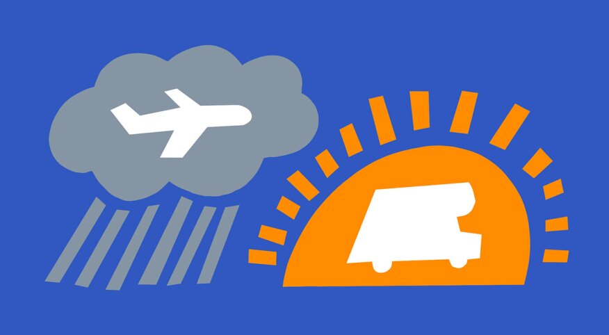 illustration of airplane icon on rainy cloud and car icon on sun