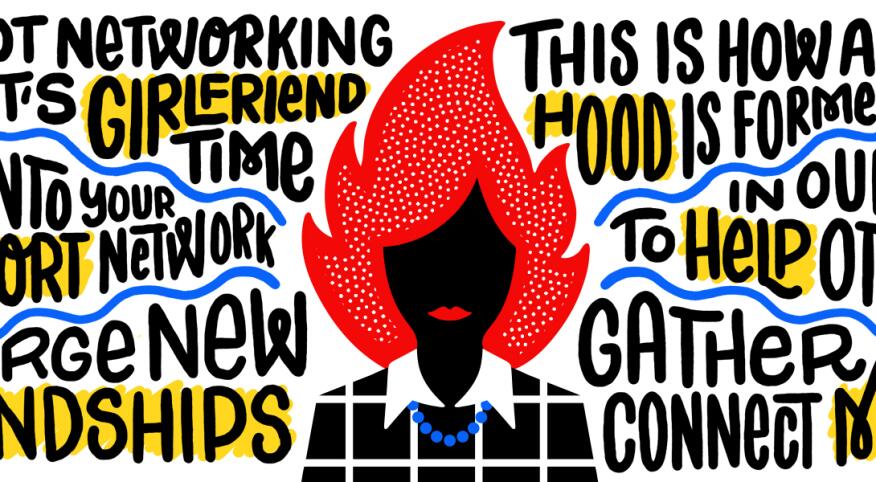 illustration of woman with blazing red hair and networking words surrounding 