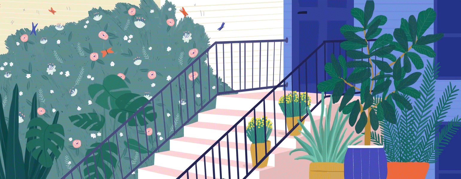 Illustration of the front of  a home and mom coming down the stairs