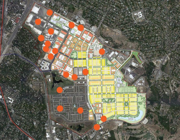 An aerial map of Mueller, a walkable, transit-oriented development five miles outside of downtown Austin, Texas