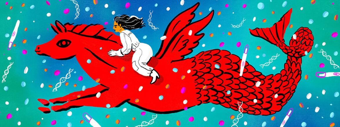 illustration of a woman riding on a mythical creature surrounded by pregnancy tests and dna