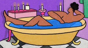 illustration of woman taking a bath surrounded by candles