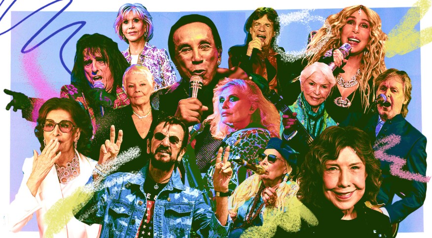 photo collage of ethel-age musicians and stars, 80 years old and beyond
