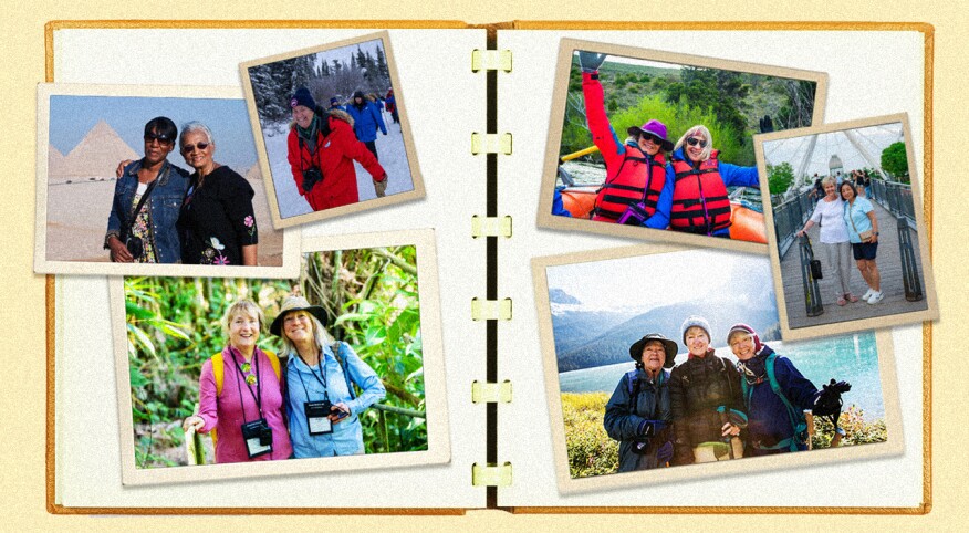Scrapbook of various travel images of older women