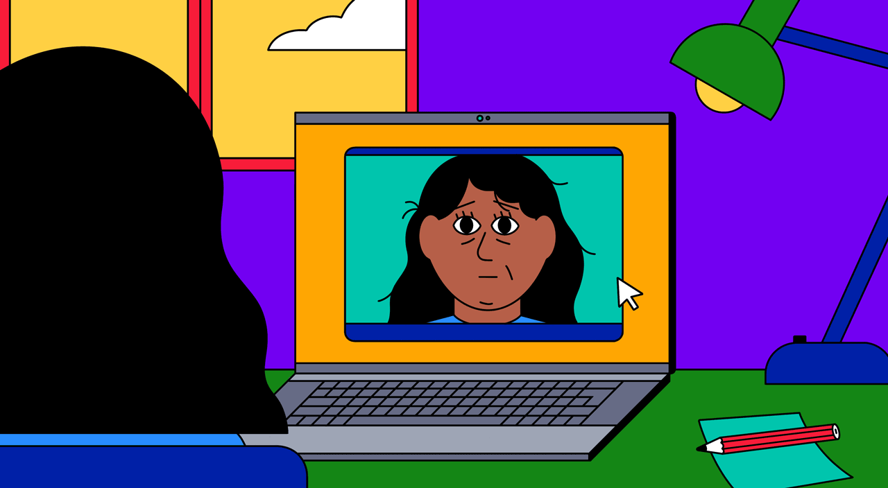zoom, illustration gif, a woman seeing her face through computer camera on zoom, appearance