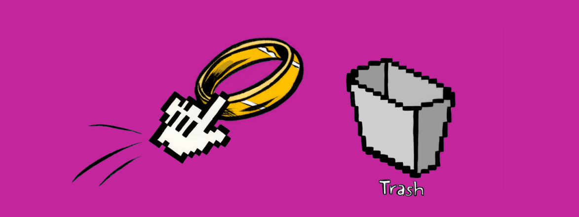 A graphic of a computer pointer moving a wedding ring to the trash icon.