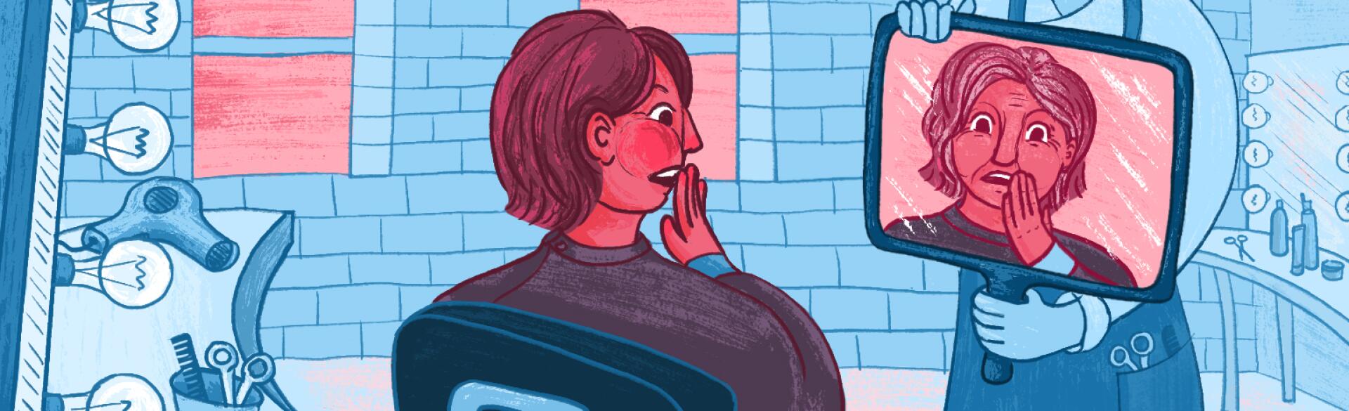 illustration of woman looking in the mirror and seeing her mom
