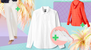 image of women's white button down shirt with clothes and accessories to pair with it