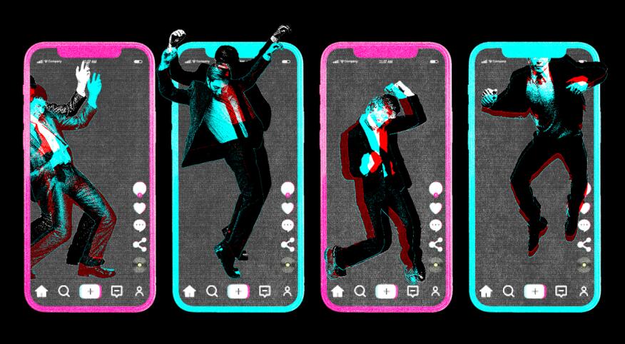 Graphic treatment of a man dancing in and out of a mobile phone