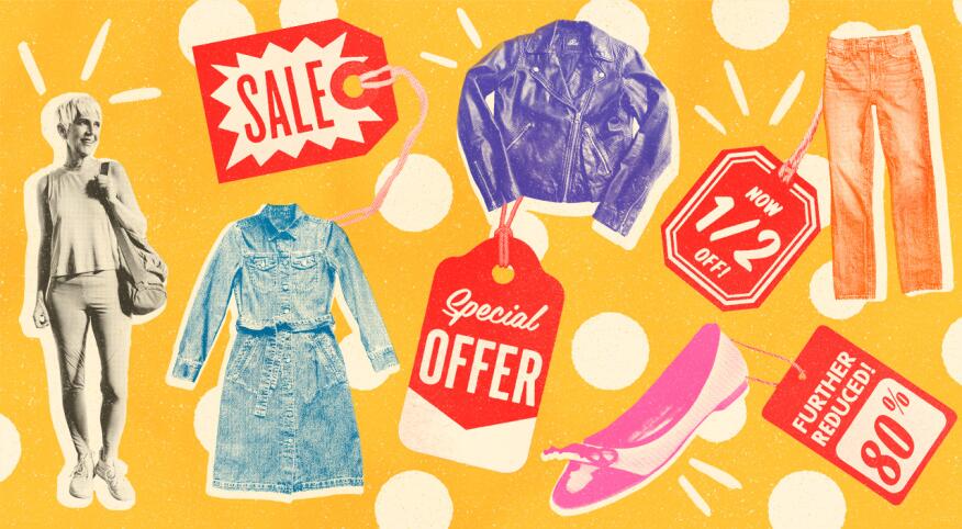 illustration collage of sale tags on clothing and shoes