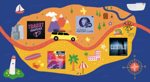 illustration of road trip map with podcasts