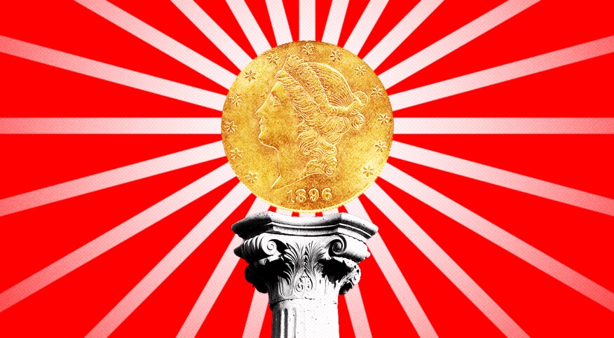 Gold coin, black & white column, red & white background