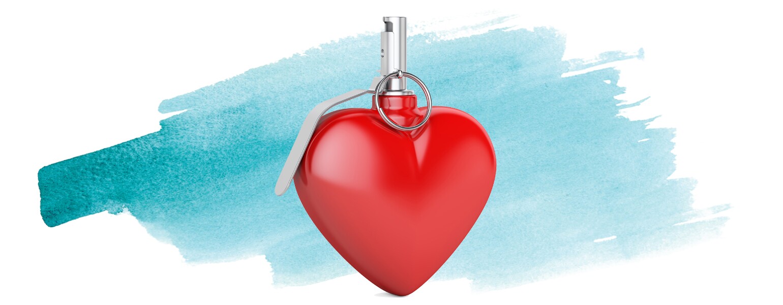 An illustration of a heart with a grenade pin in it - a literal love bomb.