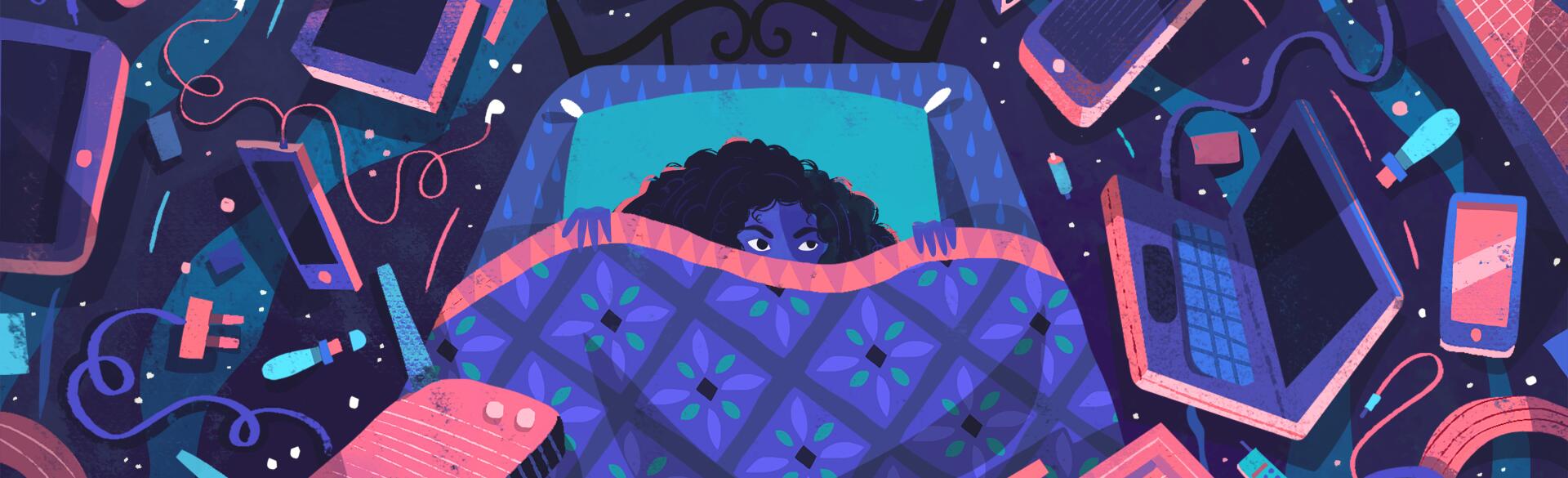 illustration of lady laying in bed surrounded by electronics