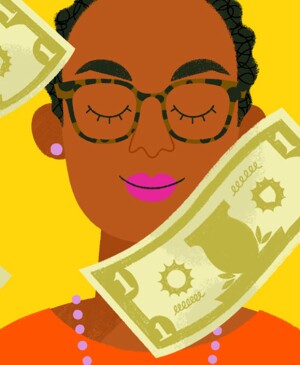 illustration of woman with eye closed surrounded by dollar bills