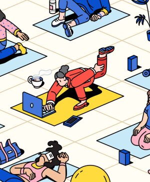 illustration of a woman working on her computer during yoga class, retirement, staying busy