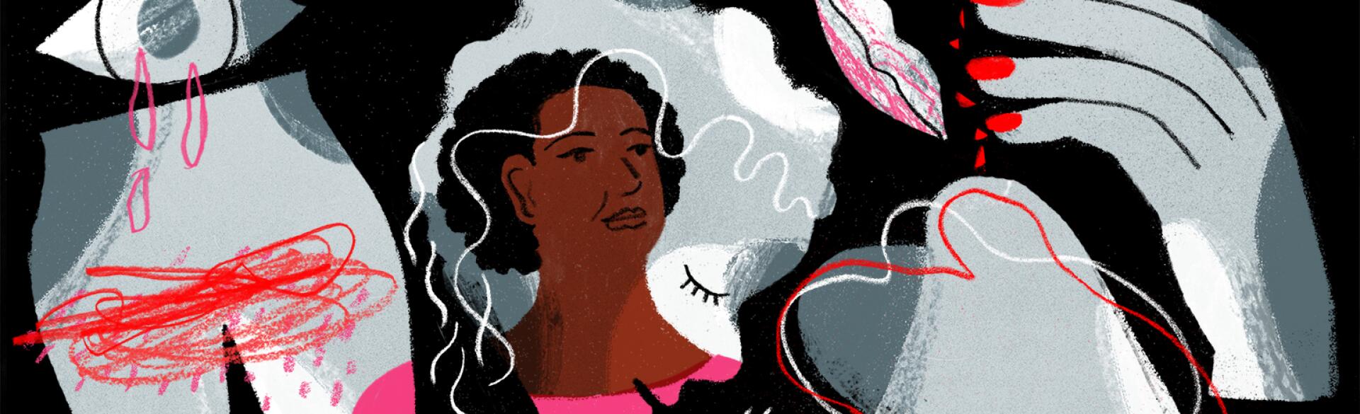 An illustration of a woman surrounded by the not so obvious signs of perimenopause.