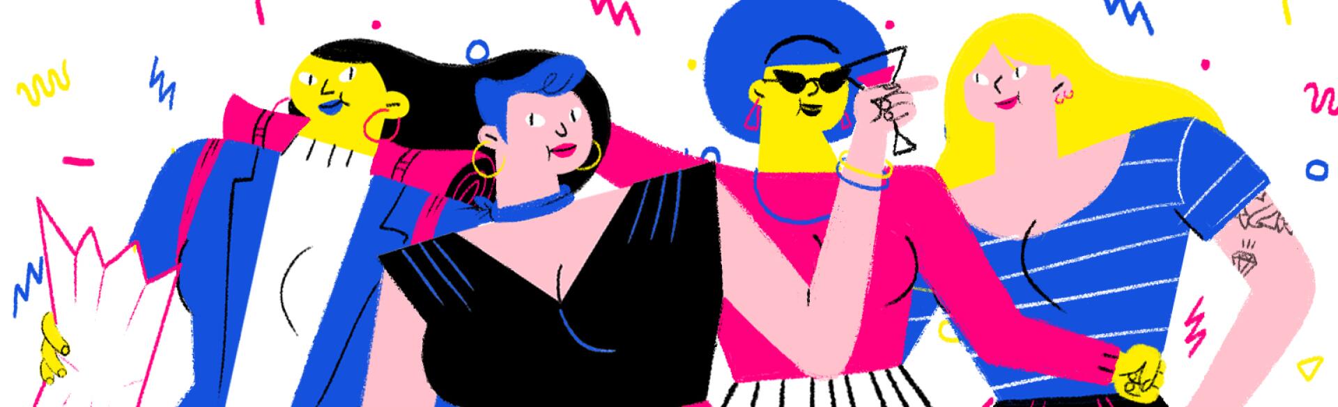 A drawing of a group of four women enjoying being out for a birthday celebration.