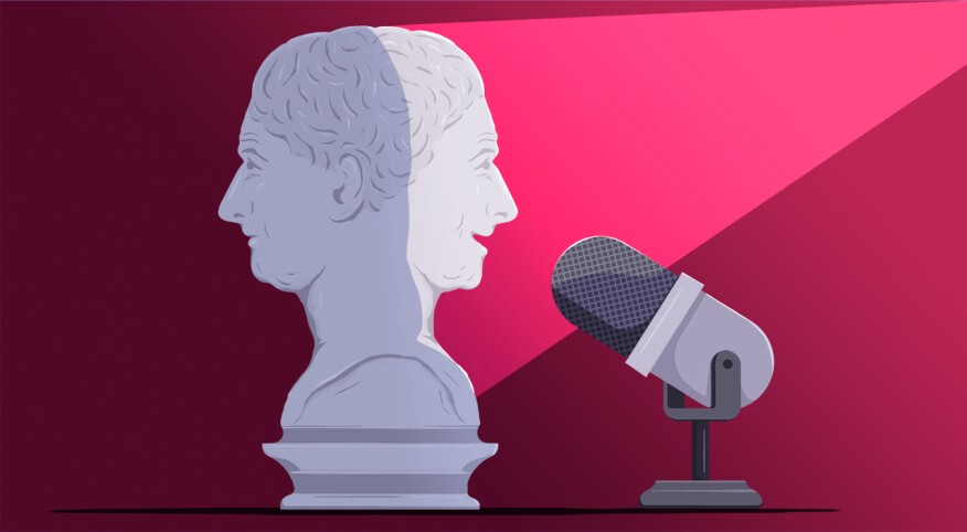 illustration of double faced sculpture with one side of face talking to microphone