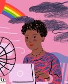 illustration of woman using her laptop surrounded by flying papers, fans, gray clouds and rainbow