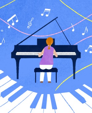 illustration of woman playing a piano, classical music