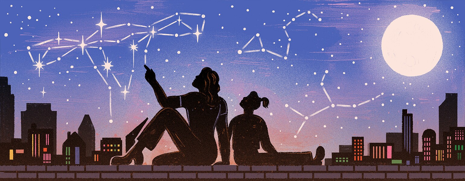 illustration of mother and daughter looking at uterus constellation at night