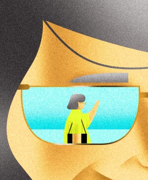 illustration of woman wearing sunglasses with woman saying goodbye to female friends