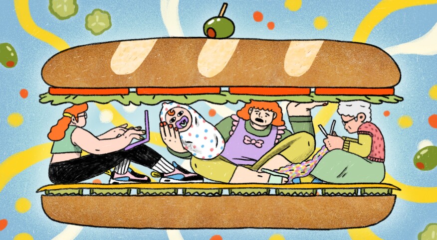 illustration of people squished between a sandwich
