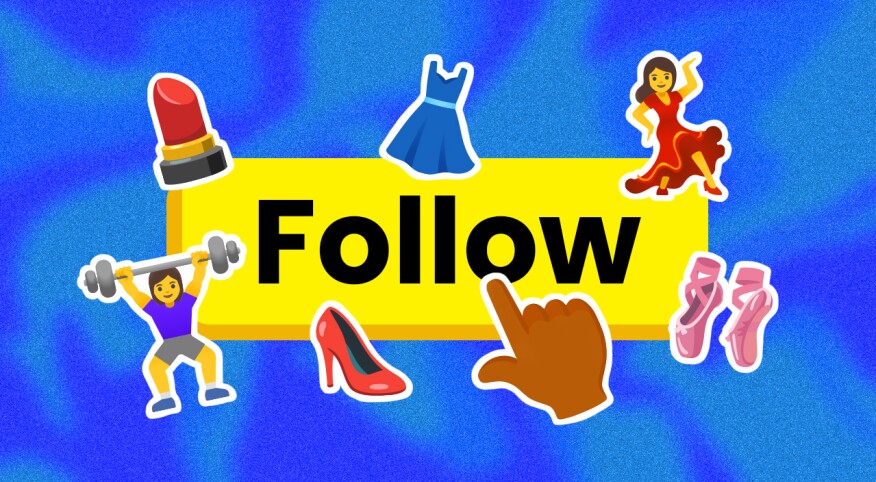 illustration of follow button surrounded by emojis related to makeup, exercise, dance, fashion