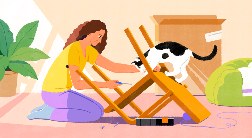 woman working on chair, cat, illustration