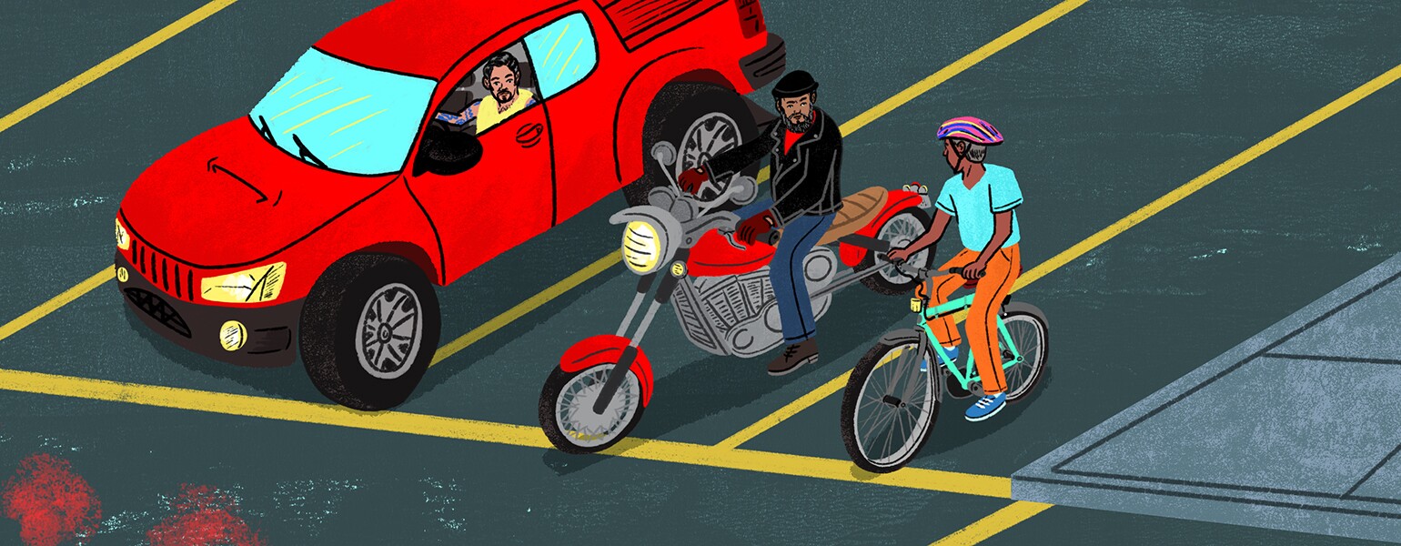 illustration of men in car and on a motorcycle and on a bike stopped at a red light