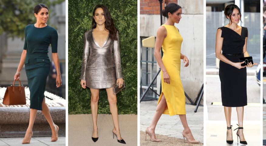 collage of different photos of meghan markle wearing high heels