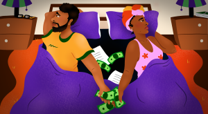 illustration, woman and man, in bed, arguing over money