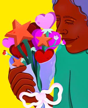 illustration of woman smelling a bouquet of flowers with stars and hearts