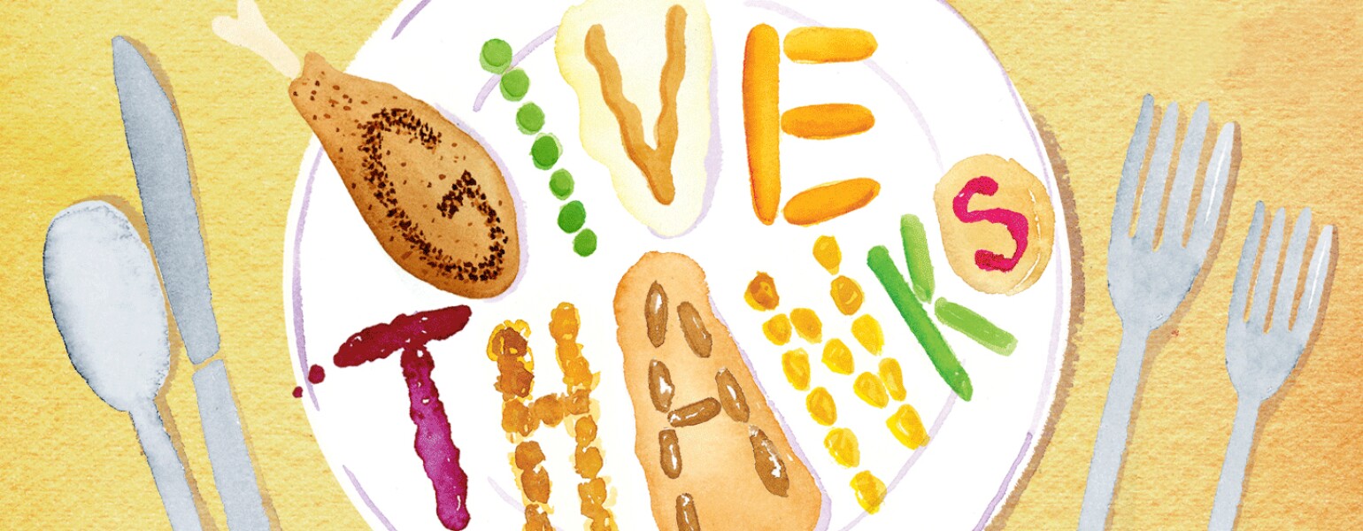 Illustration of a Thanksgiving meal with the words give thanks spelled out in food.
