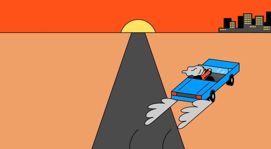 illustration of car driving off highway, sunset, retirement, golden girls
