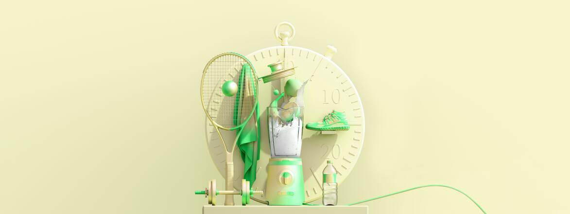 large stopwatch with healthy things in front of it like a blender tennis racket sneakers and water