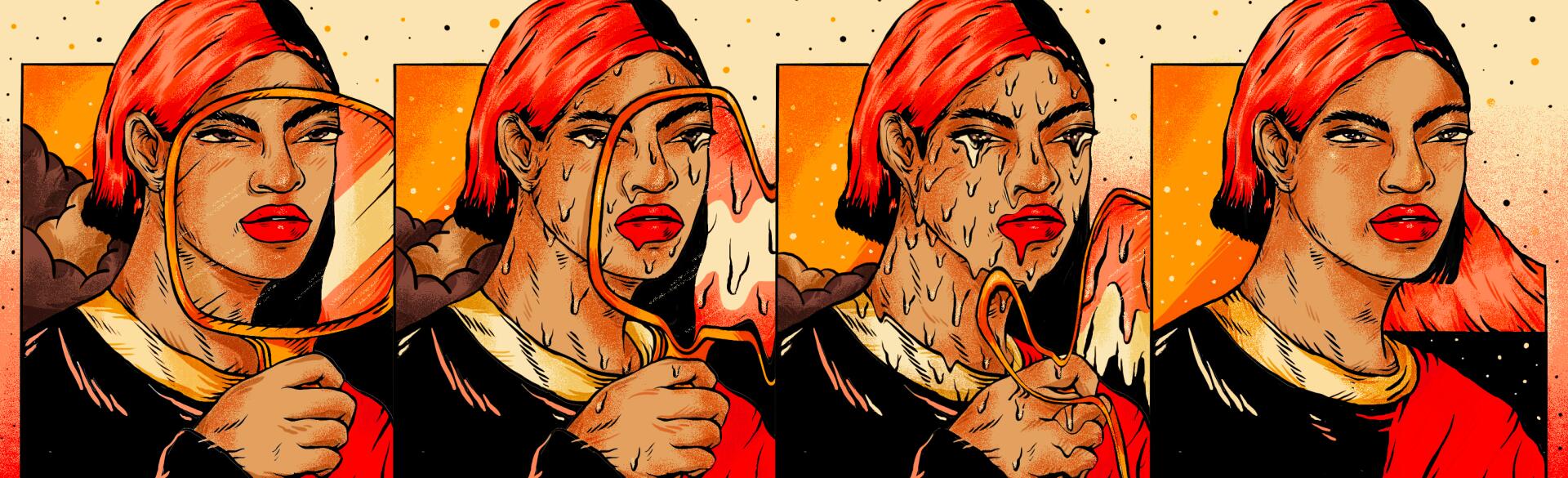 illustration of woman holding a melting mirror as it reveals her self by noopur choksi