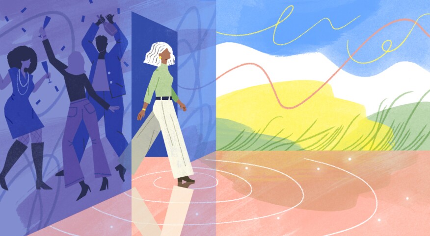 illustration of woman walking away from new years party into relaxing landscape