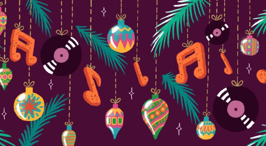 illustration of christmas ornaments and music notes spotify playlist by charlot kristensen