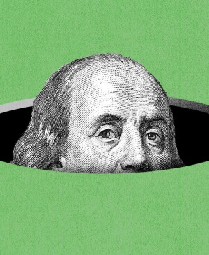 Illustration of Ben Franklin's head popping out of a hole