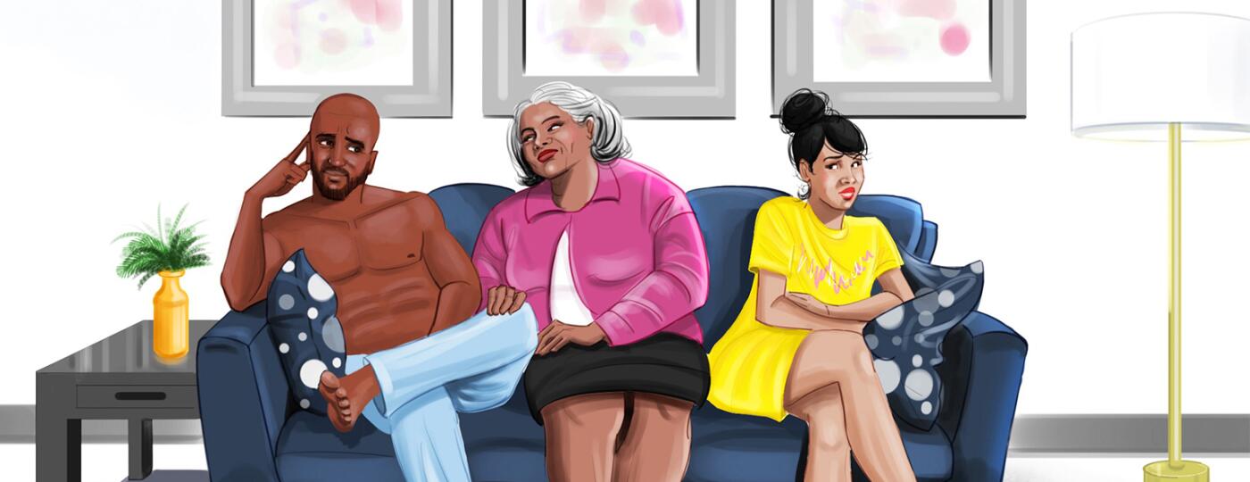 A graphic of a mother sitting in between a young couple on a couch.
