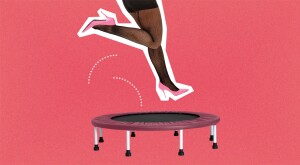 photo collage of woman wearing heels about to jump on a small trampoline, sex life, sex drive