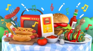 illustration of bbq food items and phone playing music