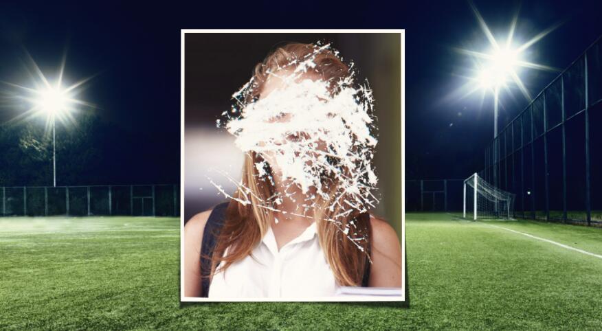 photo collage of football field and school picture of girl scratched out