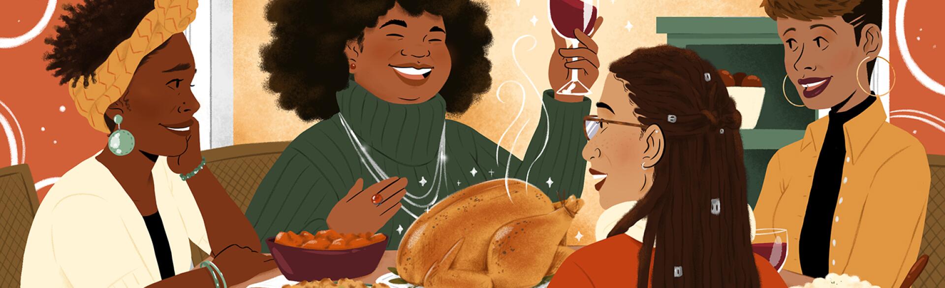 A group of women at Thanksgiving dinner.
