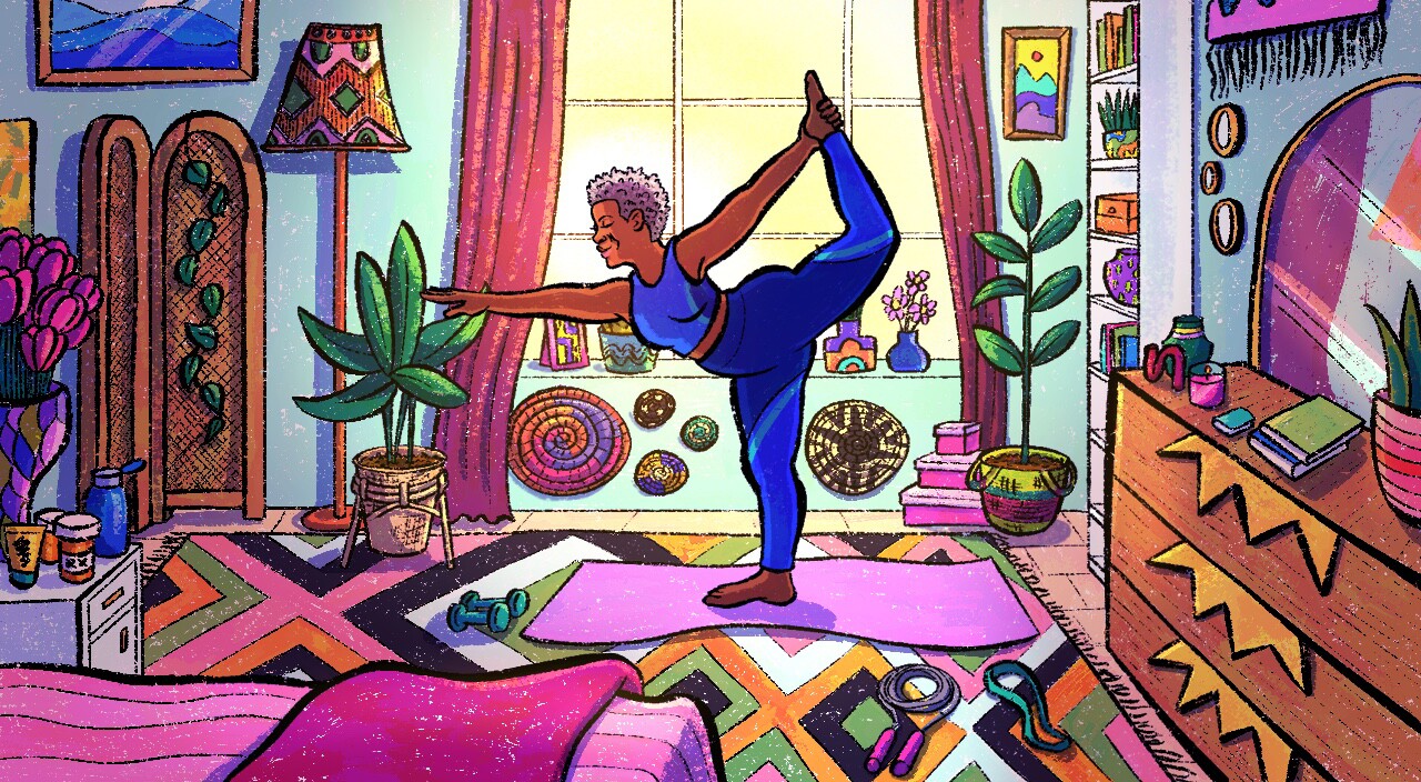 illustration of black woman doing yoga pose in her bedroom, exercise, habit stacking, yoga, fitness, positive changes